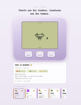 Mobile UI mockup for a 'Squish Verse' app showing a creature collection interface with text 'Charts are for traders. Creatures are for humans.' and a DOG character described as '14 health, 1 energy, 0 wounds.'