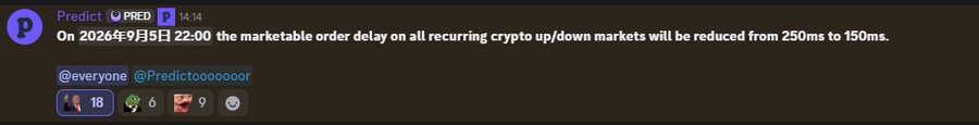 A Discord announcement from 'Predict' stating: 'On 2026年9月5日 22:00 the marketable order delay on all recurring crypto up/down markets will be reduced from 250ms to 150ms.'