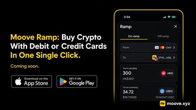 An advertisement for 'Moove Ramp' showing a mobile app interface for buying crypto with debit or credit cards, displaying conversion from 300 HKD to 34.72 USDC, with App Store and Google Play download buttons.