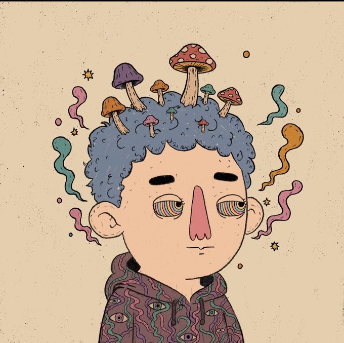 A blue-haired person with rainbow-colored eyes wearing a psychedelic purple hoodie featuring eye motifs, with various colorful mushrooms growing from their head and swirling shapes floating around them—visually bringing to life an imaginative, surreal concept.