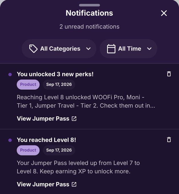 A dark purple mobile app notifications screen showing two unread notifications from Sep 17, 2026: "You unlocked 3 new perks!" after reaching Level 8, which unlocked "WOOFi Pro, Moni - Tier 1, Jumper Travel - Tier 2."