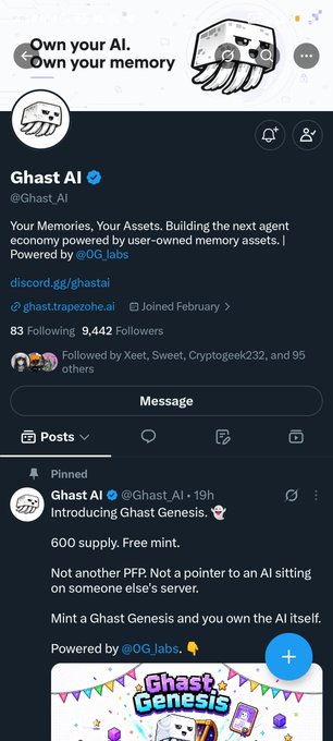 An X/Twitter profile for Ghast AI (@Ghast_AI) describing itself as 'Your Memories, Your Assets. Building the next agent economy powered by user-owned memory assets,' with a pinned post introducing 'Ghast Genesis' (600 supply, free mint).