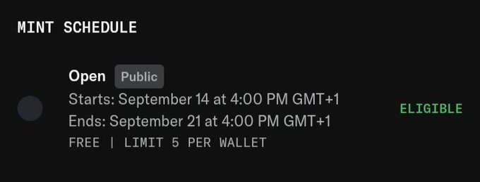 A 'MINT SCHEDULE' screen showing an open public mint from September 14 to September 21, free with a limit of 5 per wallet, marked as ELIGIBLE in green.
