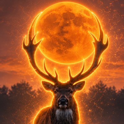 A majestic deer stands in silhouette against a glowing, massive orange full moon with dark craters, set against a fiery, starry sky.