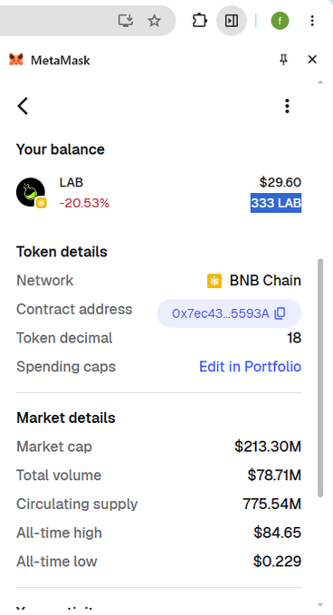 A MetaMask wallet interface showing token details for 'LAB' on the BNB Chain, with a balance of $29.60 (333 LAB), a market cap of $213.30M, and an all-time high of $84.65.