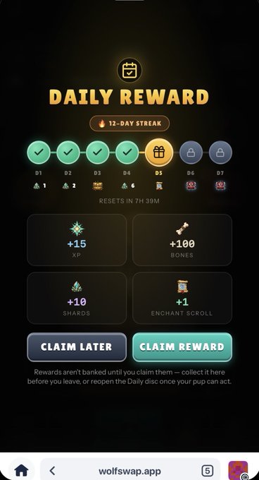 A 'DAILY REWARD' screen from wolfswap.app showing a 12-day streak with rewards including +15 XP, +100 Bones, +10 Shards, and +1 Enchant Scroll.
