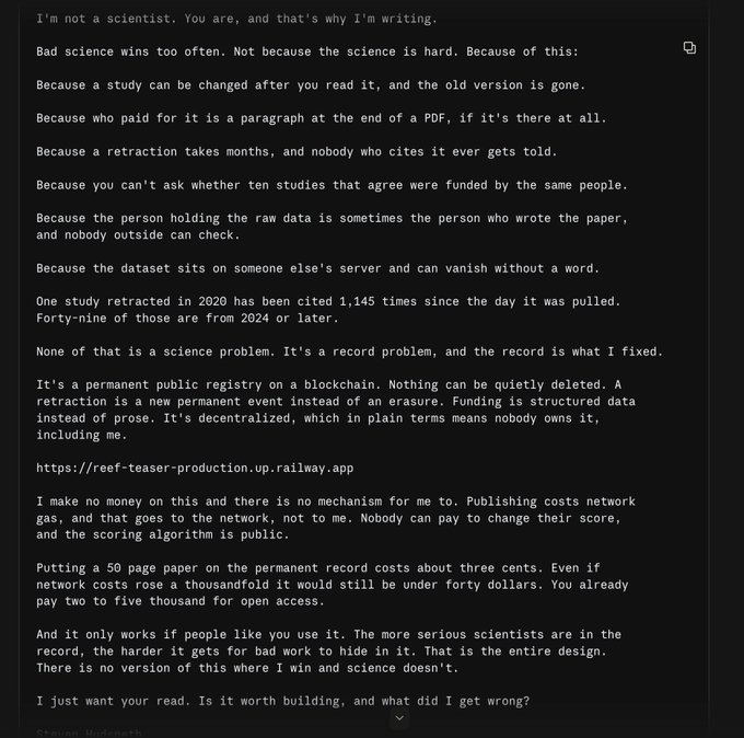 A screenshot of a text post by Steven Hufnagel arguing that bad science wins because of record-keeping problems, proposing a blockchain-based public registry called 'reef-teaser-production.up.railway.app'.