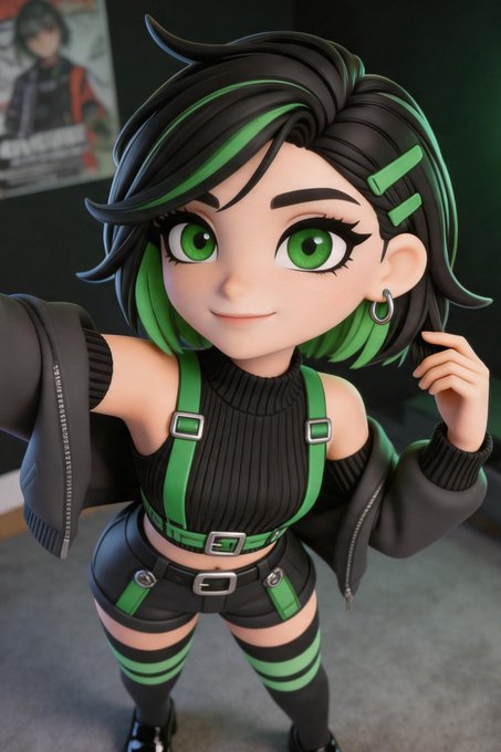 The image features a cartoon girl with green eyes, wearing black clothing including a black shirt, green striped pants, and green knee-high socks. She has her arms crossed over her chest and is posing for the camera. The background of the image shows a poster or advertisement related to Fora4.444BNB.