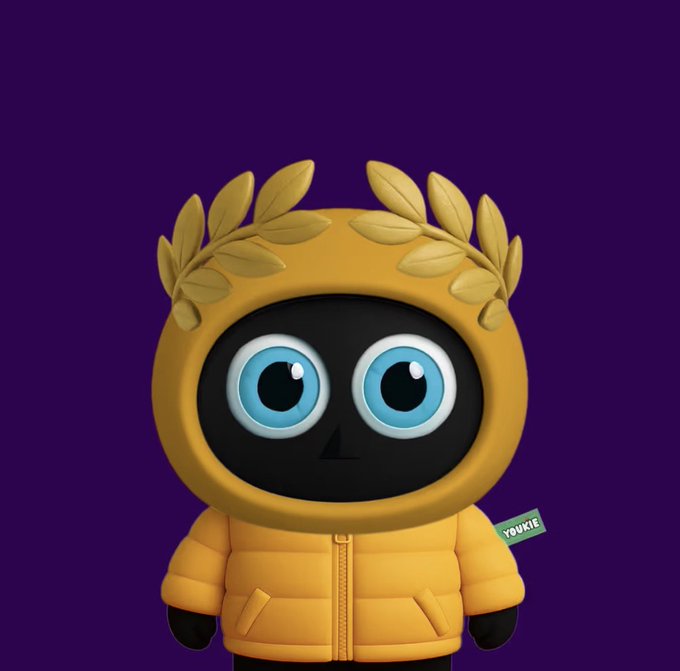 A 3D-rendered character with a black face, large blue eyes, and a yellow puffer jacket adorned with a laurel wreath stands against a solid purple background, featuring a small tag reading "YOUKIE".