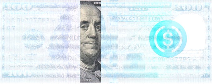 A stylized graphic featuring Benjamin Franklin's face on a US $100 bill overlay with a glowing cyan USDC (USD Coin) stablecoin logo on the right side.