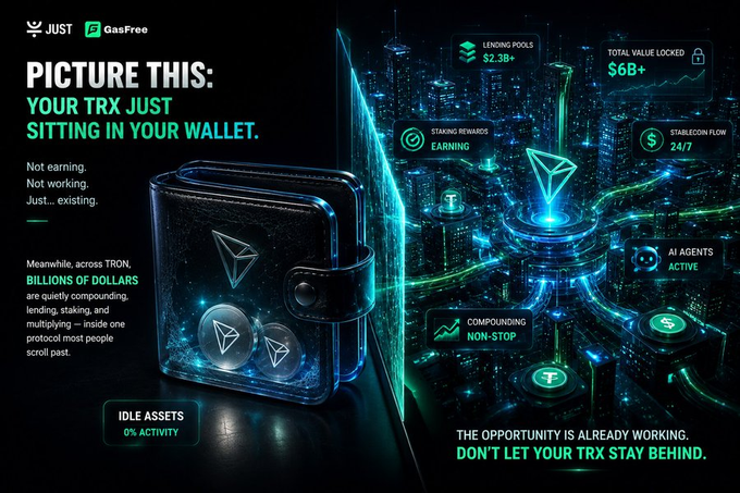The image is a promotional graphic for JustLend and GasFree featuring a split wallet visualization—one side shows idle TRX with "0% activity," while the other displays a vibrant digital cityscape highlighting metrics like "$2.3B+ lending pools," "$6B+ total value locked," and "earning" rewards, with the tagline "Don't let your TRX stay behind."

The image relates to the post's theme of community-driven crypto growth by visually contrasting passive holding against active participation, suggesting that TRON's true momentum comes from engaging with the ecosystem rather than letting assets sit idle.