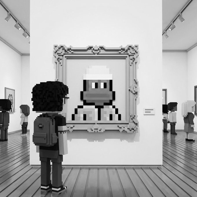 A black-and-white digital artwork depicts a voxel-style figure with a backpack looking at a pixelated portrait in an ornate frame within a gallery setting.