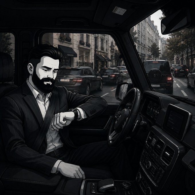 A black and white digital illustration of a bearded man in a suit sitting in the driver's seat of a car, checking his watch while stuck in traffic.