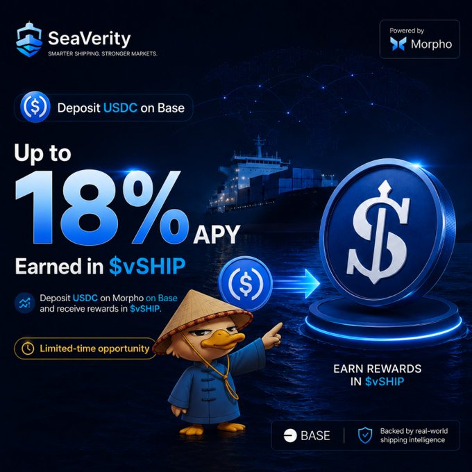 A promotional graphic for SeaVerity advertises up to 18% APY earned in $vSHIP by depositing USDC on Morpho Base, featuring a cartoon duck character wearing a traditional hat.