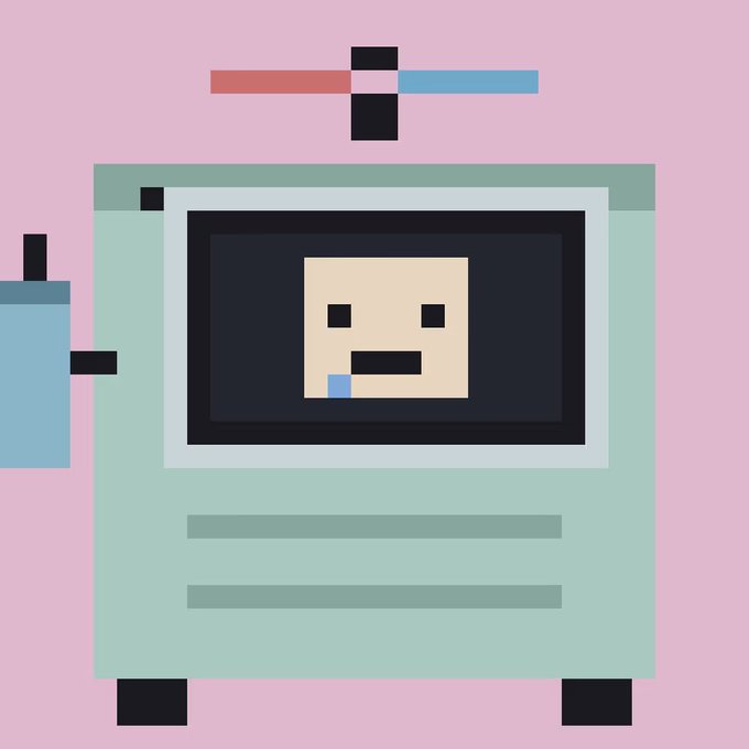 A pixel art illustration of a retro-style vending machine or arcade cabinet with a simple face on its screen, set against a pink background.