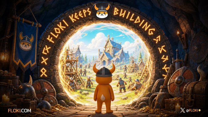 A small horned Viking character wearing a horned helmet stands before a glowing portal that opens to a bustling medieval village under construction, with runic text reading "& FLOKI KEEPS BUILDING" arching across the stone doorway and "FLOKI.COM" with "@FLOKI" displayed below.

The image directly reinforces the post's sentiment by visually capturing the $FLOKI community's collective effort and transformation—symbolizing how joining FLOKI is like stepping through a portal into a vibrant, ever-expanding world where members actively "keep building" together.