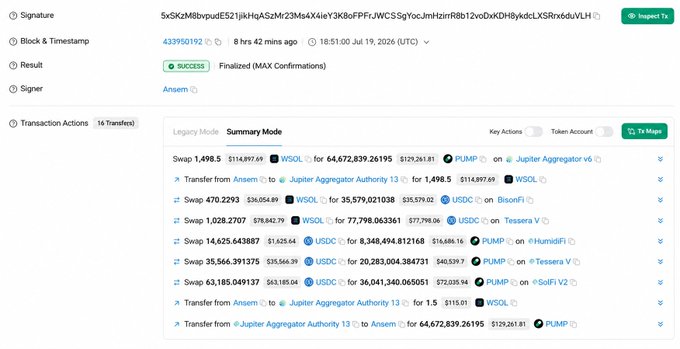 A blockchain transaction details page showing a successful transaction on Solana with signature 5vSkzM8bvpuESZ1jkHqAzMr23Ms4XieY3K8dFFPzWCS5gYocJmHzinR8b1zvoDxDH9y4dxLXSRx6duVLH, displaying 16 transaction actions including swaps involving WSOL, USDC, PUMP on platforms like Jupiter Aggregator v6, BisonFi, Tessera V, HumidiFi, and SoFi V2.
