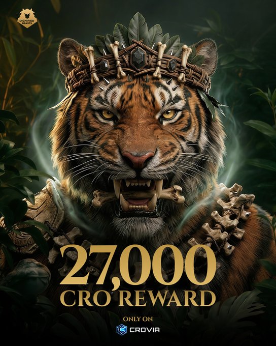 A fierce, crowned tiger with bone adornments roars against a jungle backdrop, advertising a "27,000 CRO REWARD" available "ONLY ON CROVIA" — visually embodying the power and exclusivity of the Dignified Beasts Phase 1 holder benefits.