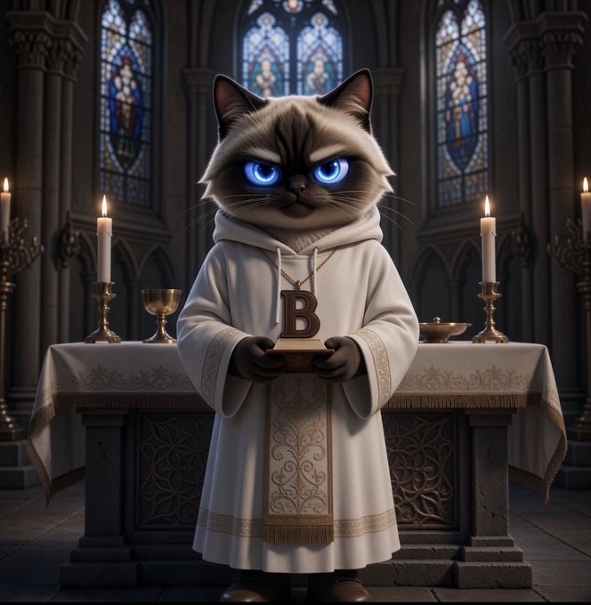 A Siamese cat with glowing blue eyes wearing a white priest's robe, holding a wooden 'B' pendant, standing at an altar in a gothic cathedral.