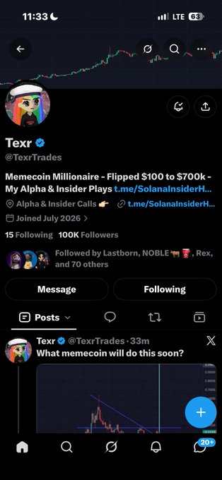 A mobile screenshot of an X/Twitter account for "Texr" (@TexrTrades) promoting crypto trading signals with a "Memecoin Millionaire" bio and 100K followers.