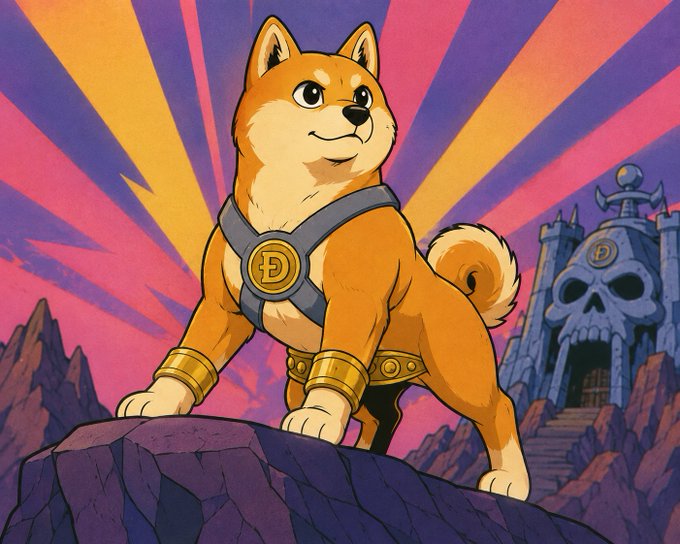 A cartoon-style illustration of a Shiba Inu dog wearing a harness with a Dogecoin (D) symbol, standing on a cliff in front of a skull-shaped castle against a vibrant orange and purple background.