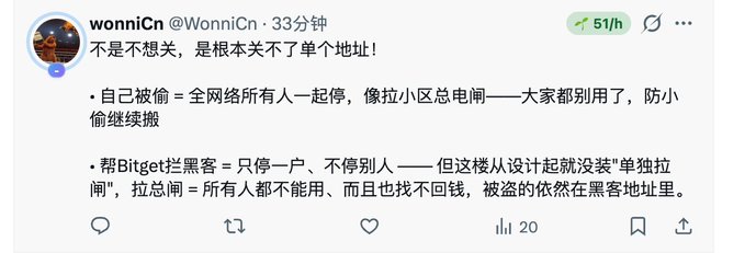 A Chinese tweet from user @WonniCn discussing Bitget exchange issues, with text in Chinese and a post analytics showing 51/h.
