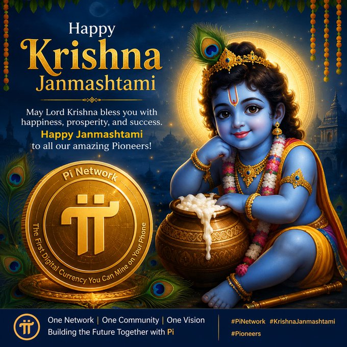 A festive graphic for "Happy Krishna Janmashtami" featuring baby Krishna by a pot, with a Pi Network gold coin and the message "May Lord Krishna bless you with happiness, prosperity, and success."