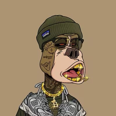 A cartoon-style illustration of a character with a pig-like face, gold teeth, sunglasses, a beanie, and a Bitcoin necklace, with tattoo designs visible on the neck and face.