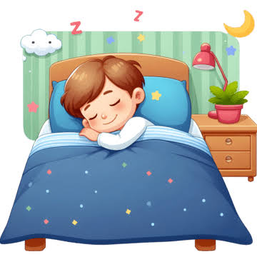 The image features a cartoon boy sleeping peacefully in his bed with a blue comforter. The scene takes place against a green wall, which has stars painted on it. There are also two potted plants visible in the room - one near the boy's bed and another further away from him. The overall atmosphere of the image is calm and serene, reflecting the peaceful nature of sleep.