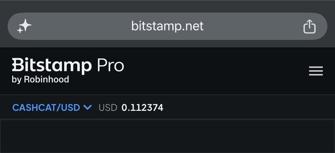 A mobile browser screenshot showing the Bitstamp Pro by Robinhood website with the URL 'bitstamp.net' in the address bar, displaying a CASHCAT/USD trading pair priced at 0.112374.