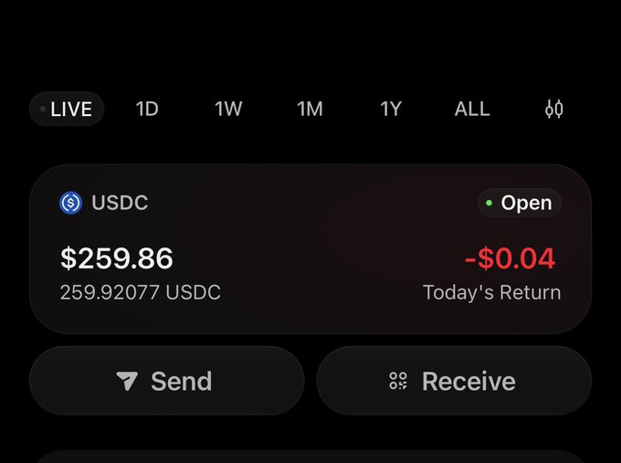 A mobile crypto wallet interface displaying a USDC balance of $259.86 (259.92077 USDC) with a slight daily loss of -$0.04, supporting the "Giveaway balance" caption by showing a modest amount available to potentially distribute.