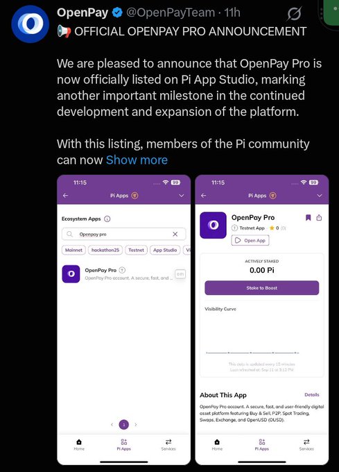 A tweet from @OpenPayTeam announcing 'OFFICIAL OPENPAY PRO ANNOUNCEMENT' that OpenPay Pro is now listed on Pi App Studio, with screenshots showing the app listing and an 'About This App' section for 'OpenPay Pro'.