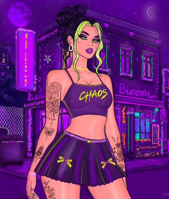 A vibrant purple-toned digital illustration of a woman with green-streaked hair wearing a 'CHAOS' crop top and pleated skirt, standing in a neon-lit street with signs reading 'Urban Lingerie Art' and 'Bloom'.