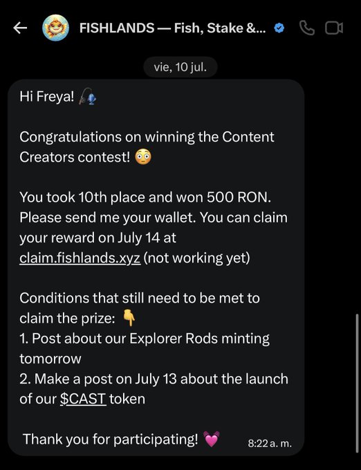 A Telegram message from 'FISHLANDS — Fish, Stake &...' congratulating Freya on winning 10th place in a Content Creators contest with 500 RON, requiring posts about 'Explorer Rods' and '$CAST' token.