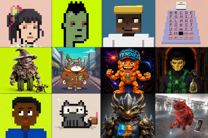 A grid of twelve NFT-style digital art pieces featuring various pixel art characters, creatures, and memes including a witch, bear in goggles, 'Whale Tendies' character, and other stylized illustrations.