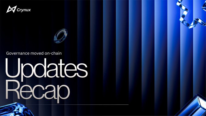 A Crynux promotional banner reading 'Governance moved on-chain' and 'Updates Recap' against a blue curtain background.