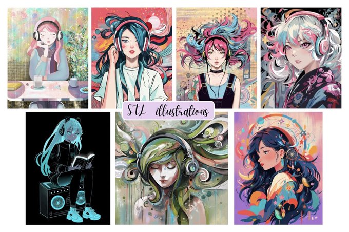 A collage of seven colorful, anime-style illustrations depicting young women wearing headphones, with the central text "SU illustrations."