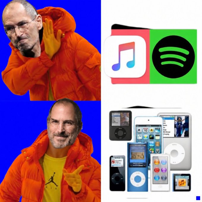 The image is a meme featuring Steve Jobs' face edited onto an orange puffer jacket body, shown in two poses—one rejecting Apple Music/Spotify (top) and one approving an older collection of iPods/iTunes (bottom)—with the caption "Steve knew," suggesting Jobs would have rejected modern streaming services in favor of owning physical/digital music on devices like the iPod.
