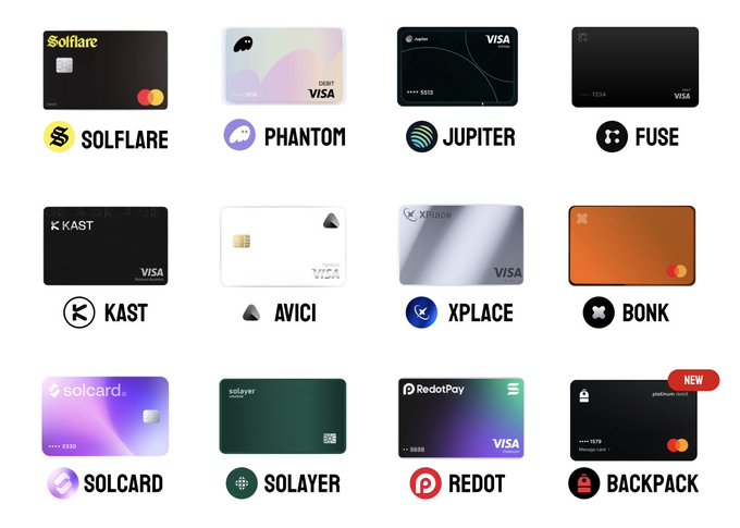 A grid displaying twelve different crypto debit/credit cards from brands including SOLFLARE, PHANTOM, JUPITER, FUSE, KAST, AVICI, XPLACE, BONK, SOLCARD, SOLAYER, REDOT, and BACKPACK.