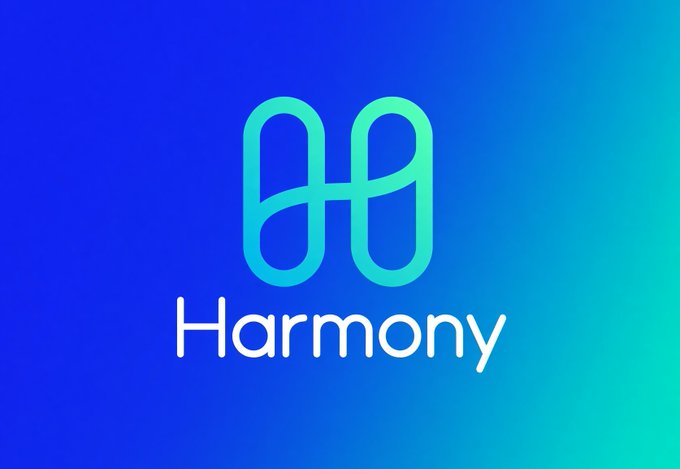 The Harmony (ONE) cryptocurrency logo featuring an infinity-like symbol in teal/green on a blue gradient background with 'Harmony' text.