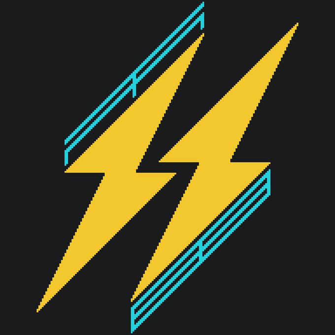 A minimalist graphic design featuring two yellow lightning bolts on a dark gray background, accented with teal parallel lines, rendered in a retro pixel-art style.