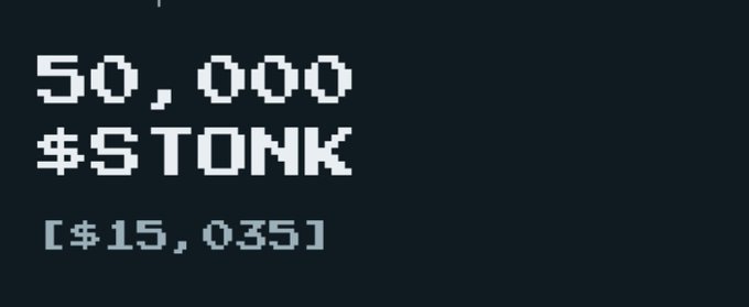 A pixelated graphic displays "50,000 $STONK" in large white text with "[₿15,035]" in blue text beneath it against a black background, illustrating the meme token $STONK discussed in the post about its backward-spelling counterpart $KNOTS and the associated transfer tax.