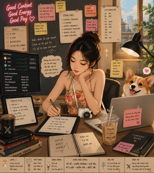 A digital illustration of a young woman working at a desk with sticky notes, showing goals like 'X 10K', 'X 20K', '$1000/PAY' and content plans, with a corgi dog beside her laptop.