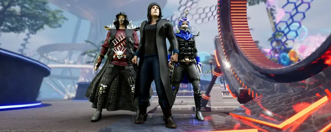 Three digital avatars stand together in a futuristic, sci-fi setting from World of Dypians ($WOD), featuring a warrior in spiked armor, a hooded figure in a long black coat, and a cybernetic character—all set against a backdrop of glowing red structures, hexagonal patterns, and vibrant neon lighting. The image visually represents the game world referenced in the post, which highlights $WOD's milestone achievements, including its Binance US listing and upcoming July developments.