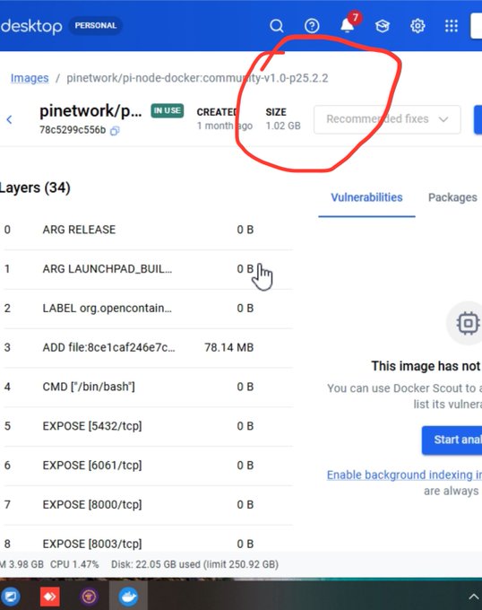 The image shows a Docker Desktop interface displaying the **pinetwork/pi-node-docker:community-v1.0-p25.2.2** image with a size of 1.02 GB, circled in red, representing the updated v25.2 software for the Pi Network testnet. The "IN USE" tag confirms the upgraded node image is actively running, supporting the post's claim that Testnet 2 has been successfully upgraded to v25.2.