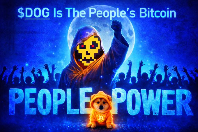A promotional graphic reading '$DOG Is The People's Bitcoin' and 'PEOPLE POWER' featuring a hooded pixelated dog figure and a Shiba Inu wearing a Bitcoin hoodie.
