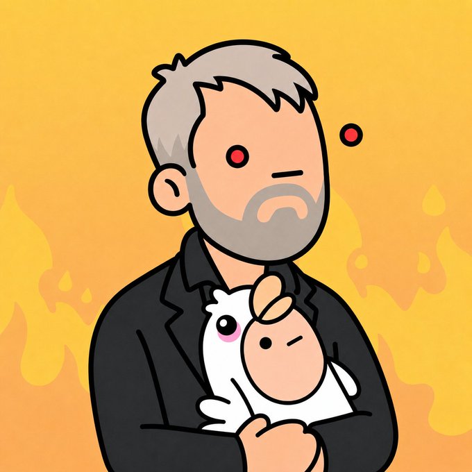 The image features a man with a beard wearing a black suit, holding a white stuffed animal or toy. The background of the image is yellow, which contrasts with the man's dark suit and the white object he is holding. There are also red dots scattered throughout the scene, adding to the overall visual appeal of the illustration.