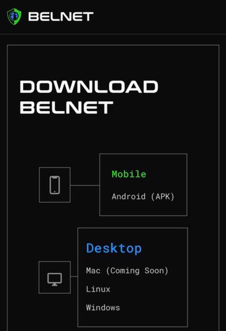 A download page for BELNET showing options for Mobile (Android APK) and Desktop (Mac Coming Soon, Linux, Windows).