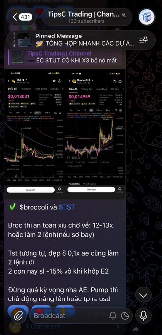 A Telegram post from "TipsC Trading | Chan…" channel displays trading charts for the TST and Broccoli tokens, with an analyst's advice to take partial profits (12-13x or 2x) and warning that any further pump risks turning into a rug pull—aligning with the post's call for a +40% move on both tickers.