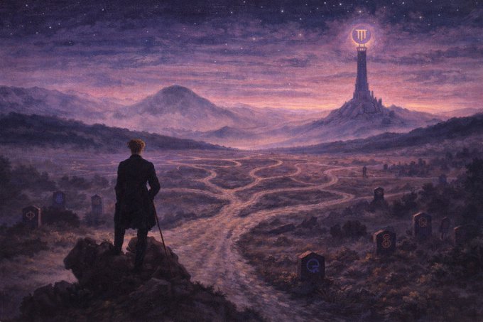 A digital fantasy illustration showing a figure with a cane overlooking a path leading toward a glowing tower in a mystical purple landscape under a starry sky.